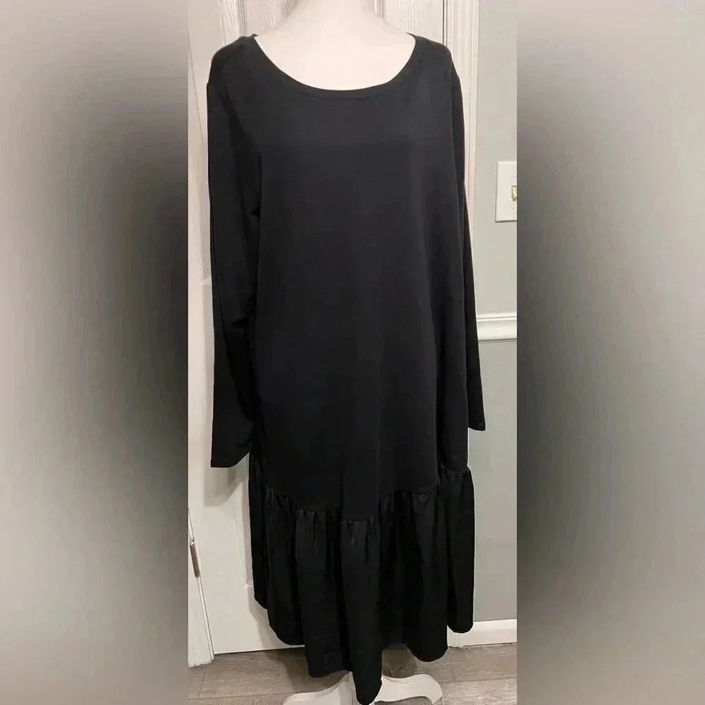 LOGO by Lori Goldstein XL Women's Long Sleeve Flounce Midi Black Dress w/pockets